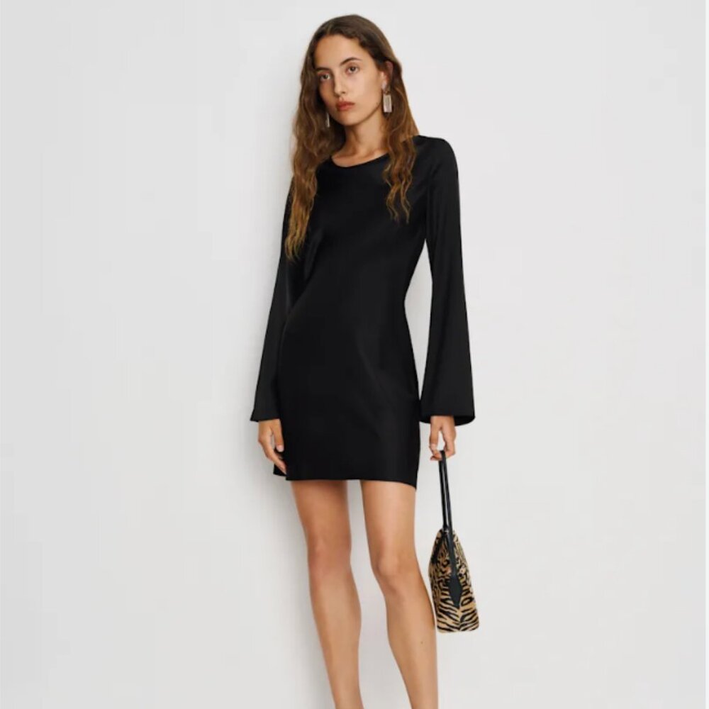 Reformation Pike Black Satin Cowl Neck Long Sleeve Dress